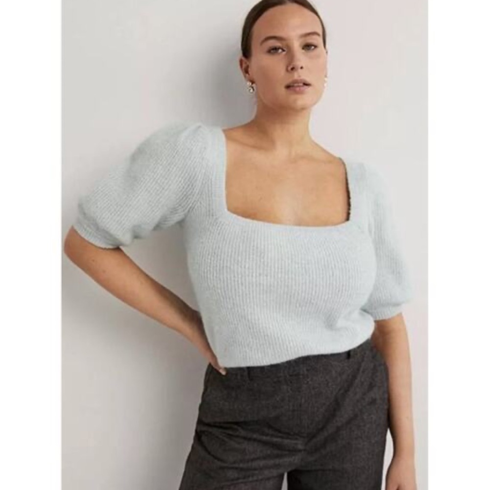 Boden Square Neck Fluffy Jumper Sweater Short Sleeve Light Blue K0648
